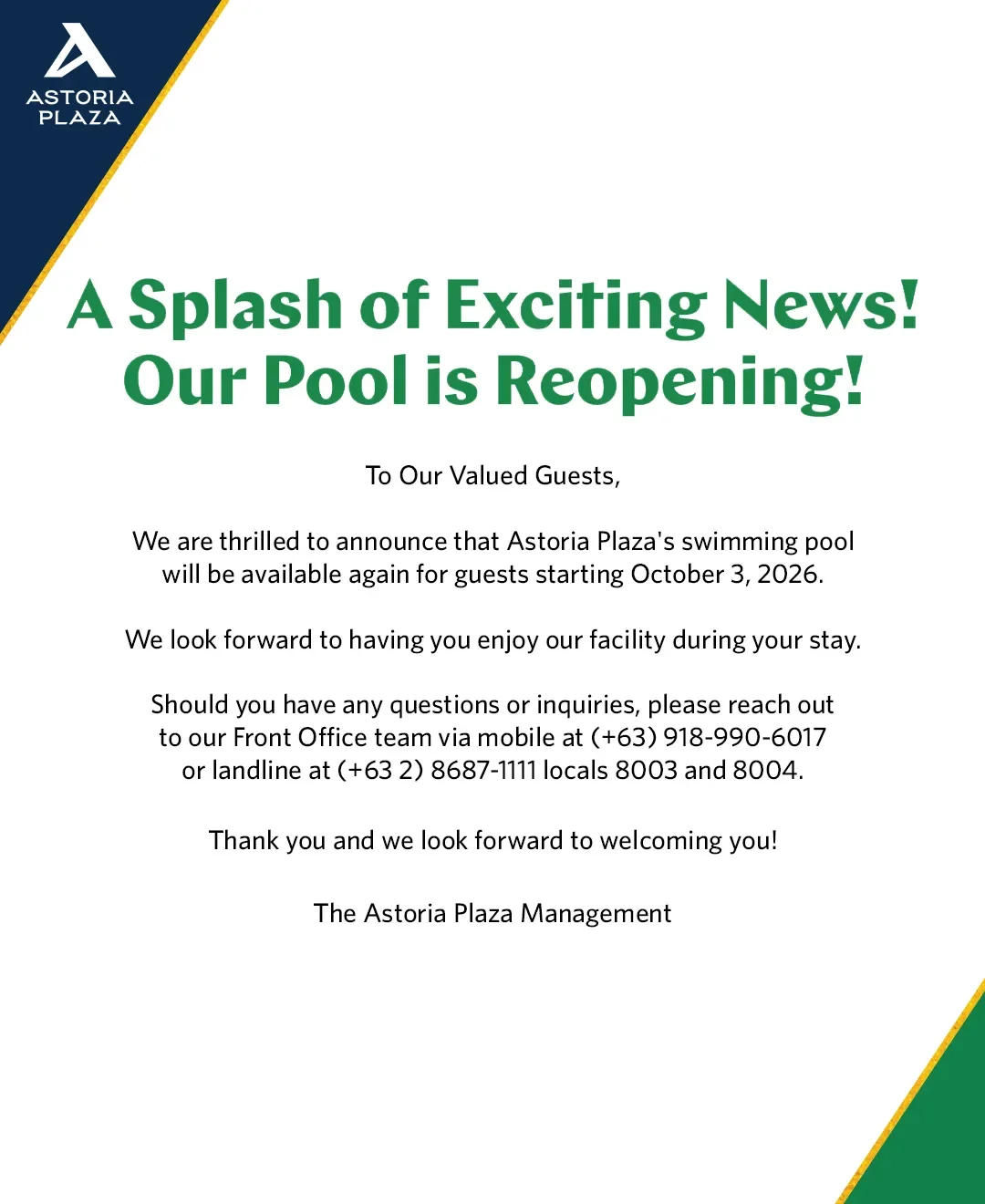 Astoria Plaza pool area notice